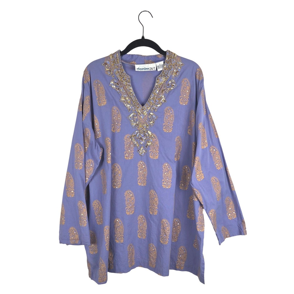Vintage Purple Gold Print Paisley Beaded Sequin V-Neck Tunic Top L Boho Festival